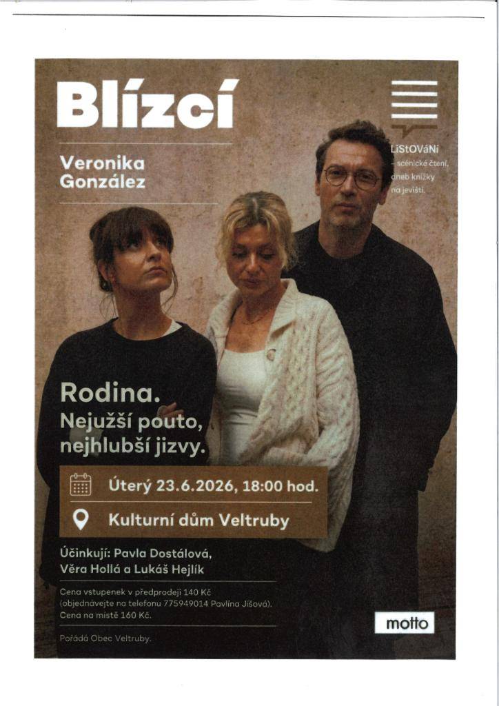 Obec Veltruby zve na Listování 23.6.2026 od 18:00 hod. Kulturní dům Veltruby.