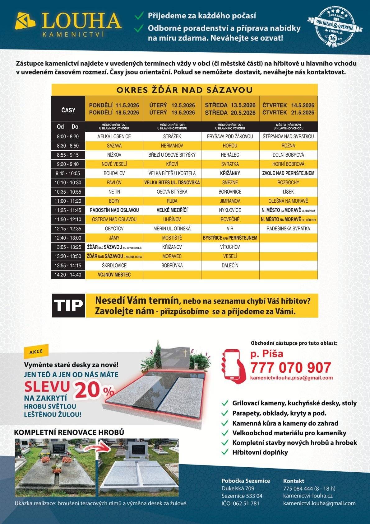 V pondělí 11.5. a 18.5. v 8:30–8:50 přijede na hřbitov v Sázavě Kamenictví Louha s.r.o. Nabízí kamenické práce, opravy a renovace pomníků, slevy až 35 %.