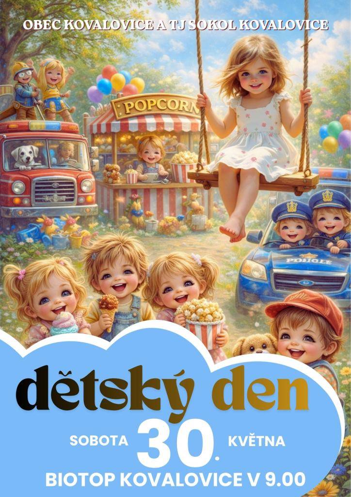 Pozvánka na Dětský den v sobotu 30.5.2026 od 9.00 hod na hřišti a biotopu v Kovalovicích. Všichni jste srdečně zváni.