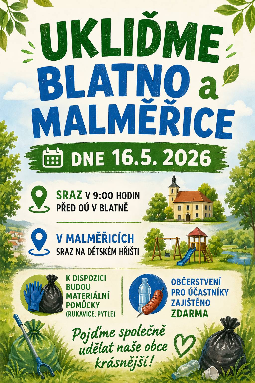Pomozte nám uklidit Blatno a Malměřice v sobotu 16. 5. 2026. Sraz v 9:00 hodin před OÚ v Blatně, v Malměřicích na dětském hřišti. Děkujeme.