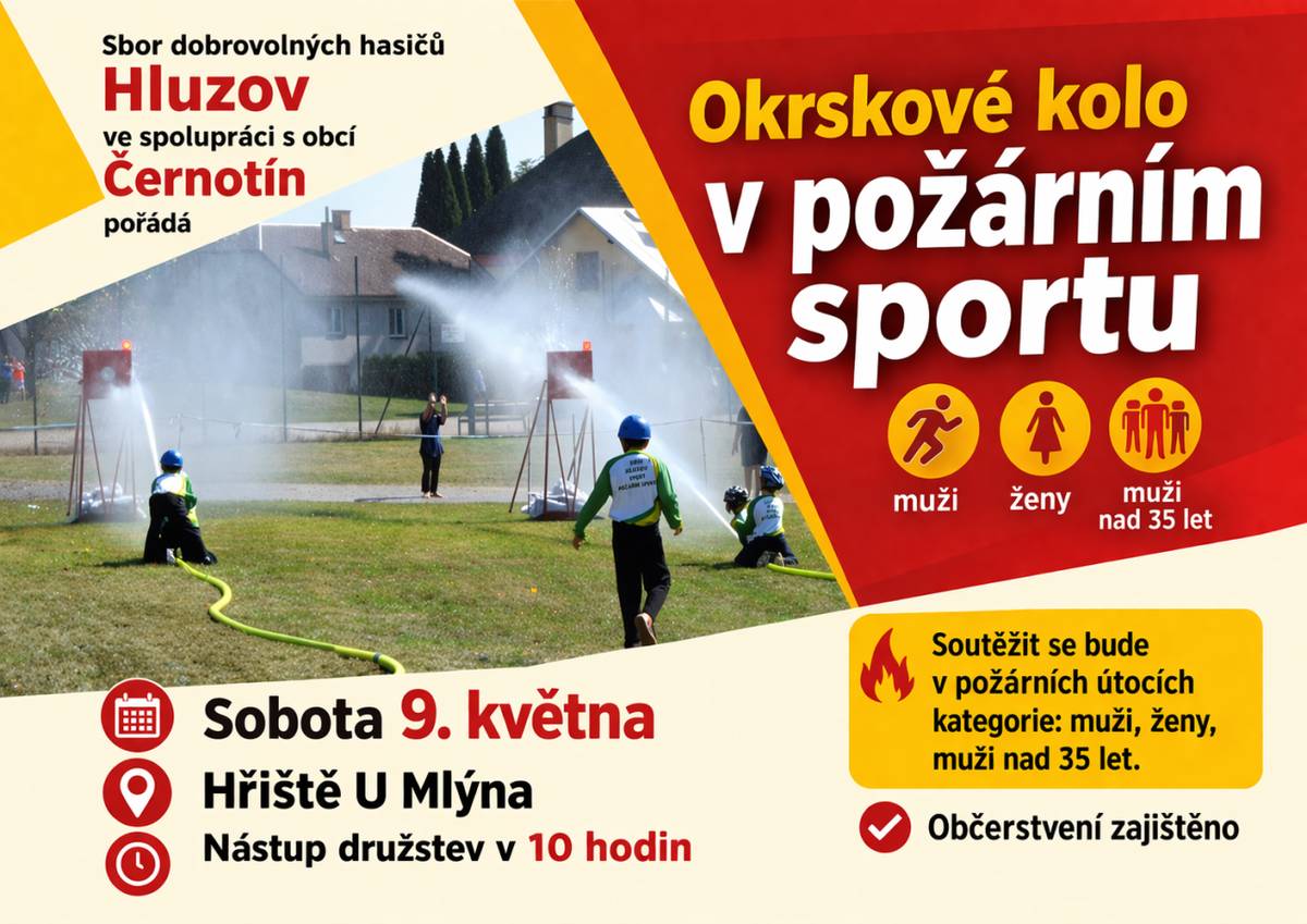 Okrskové kolo v požárním sportu se koná v sobotu 9. května od 10 hodin na hřišti U Mlýna. Soutěžící se utkají v požárních útocích ve třech kategoriích: muži, ženy a muži nad 35 let. Občerstvení zajištěno.