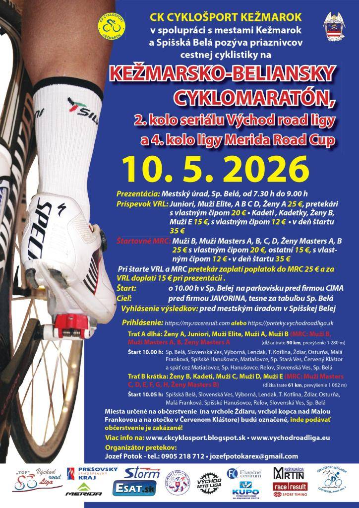 Dňa 10. mája 2026  v čase od 10.00 h do 13.00 h sa uskutoční KEŽMARSKO-BELIANSKY CYKLOMARATÓN. Štart pretekov bude o 10,00 h v Spišskej Belej. Trať ďalej povedie smerom na Slovenskú Ves, Lendak, Ždiar, Osturňa, Sp. Hanušovce, Sp.Matiašovce, Sp.St.Ves, Č. Kláštor, Reľov, Sl.Ves, Sp. Belá.