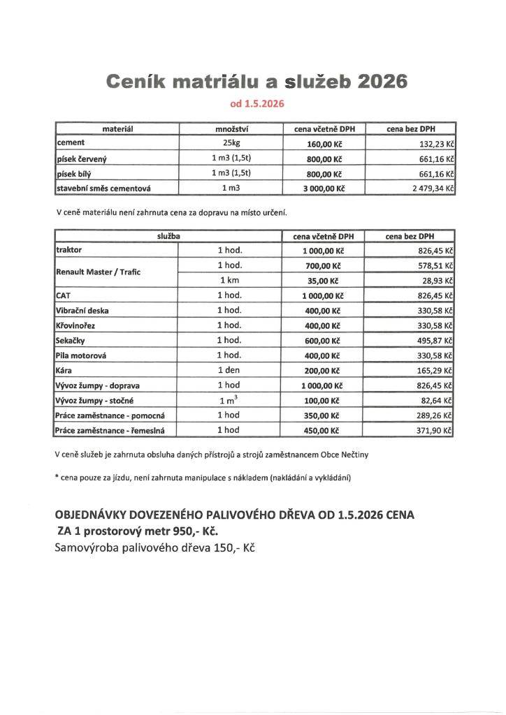 Od 1. května 2026 platí nový ceník materiálu a služeb.