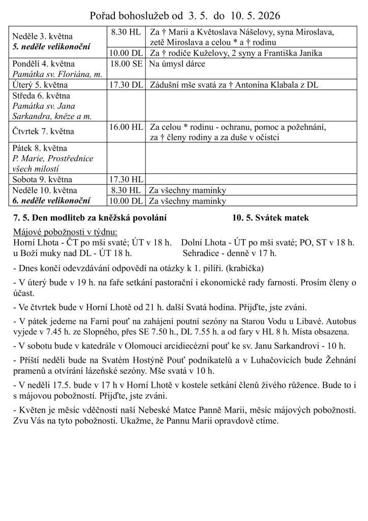 Program bohoslužeb a akcí ve farnosti Horní Lhota.