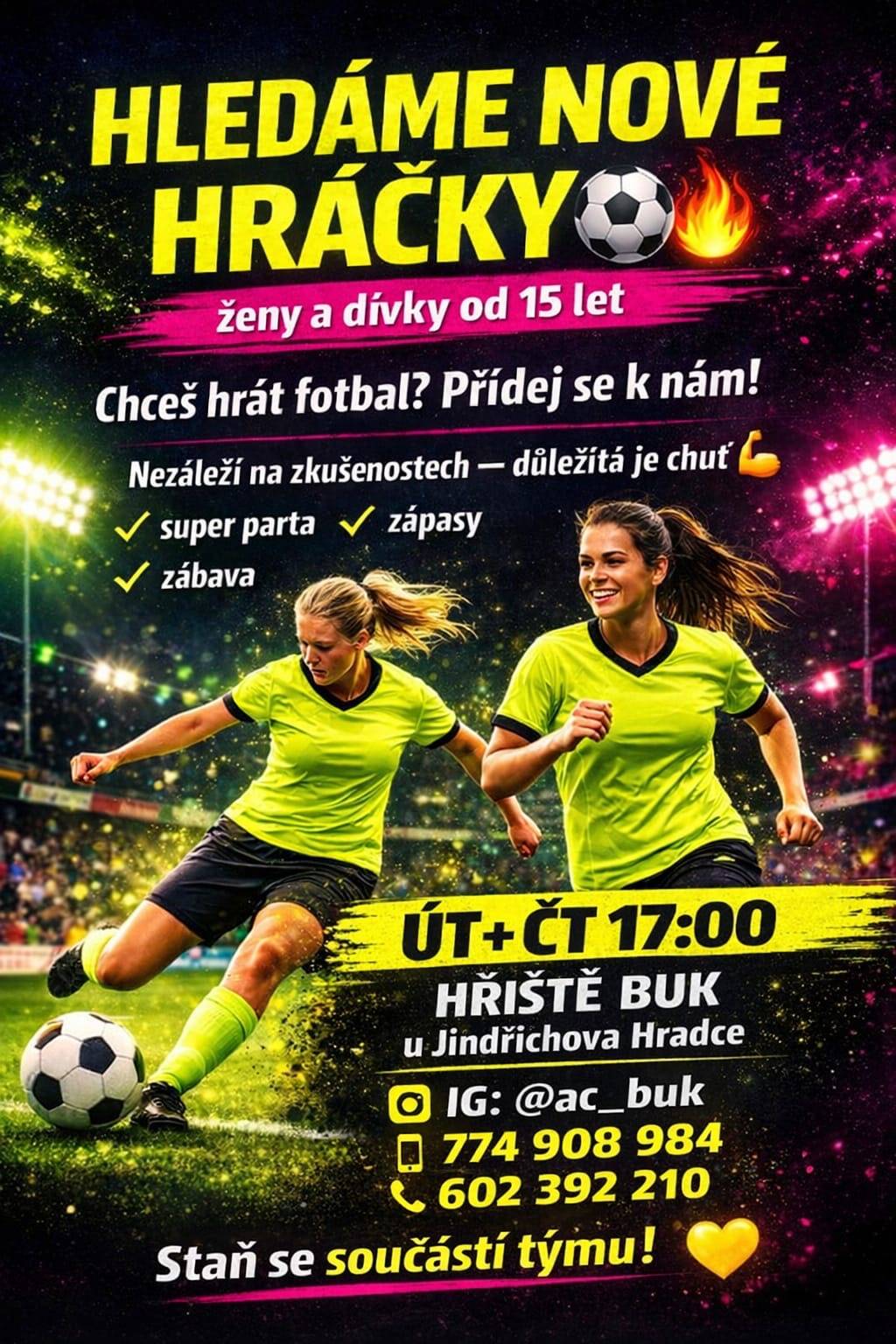 Dotčený fotbalový klub hledá nové hráčky. Náborový text přepisujeme v původním znění.