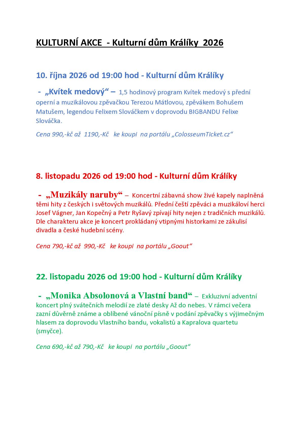 Kulturní akce v KD Králíky 2026