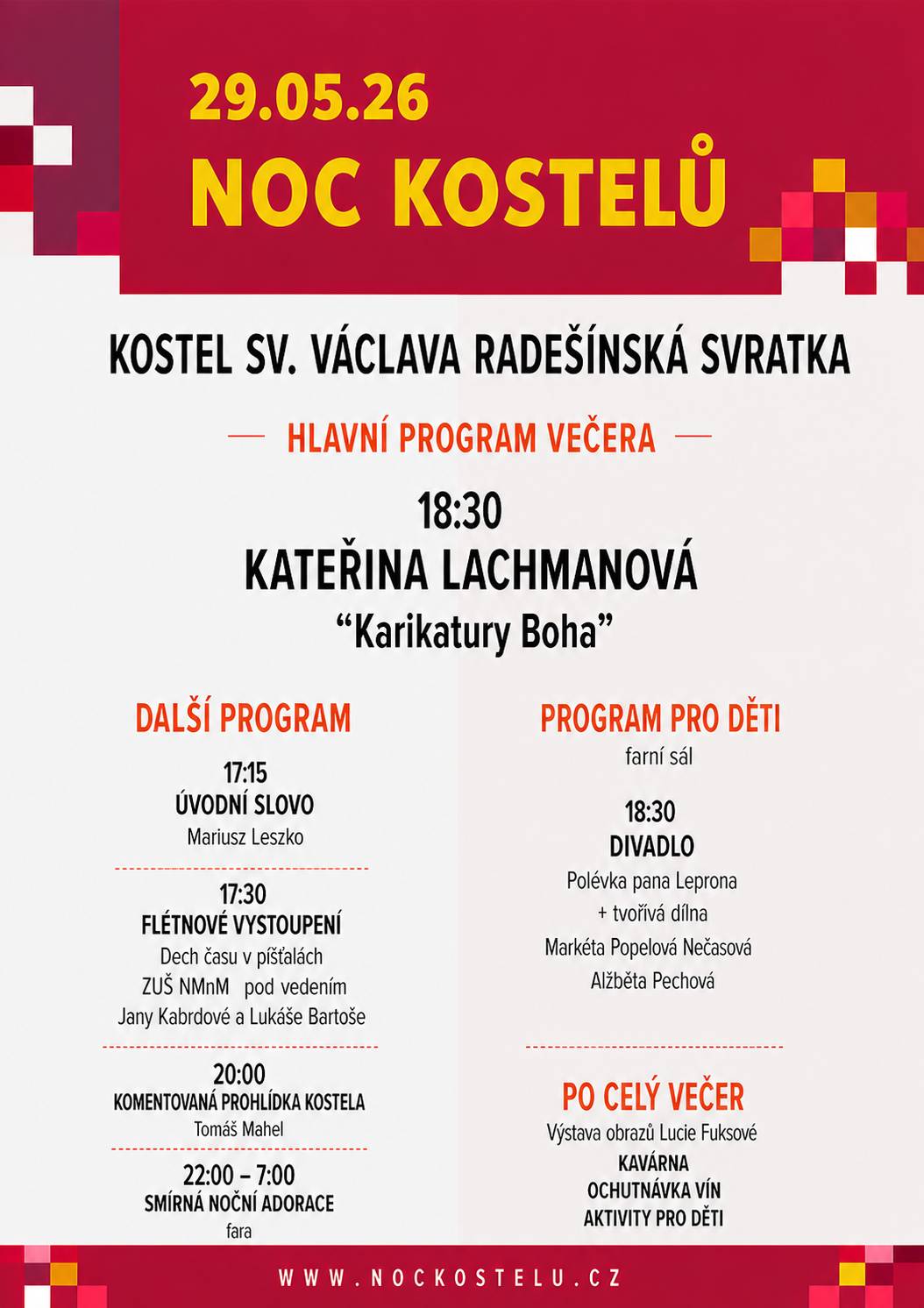 1) Místní prodejna Coop bude o státním svátku v pátek 8. května uzavřena. 2) V pátek 8. května se v naší obci uskuteční sběr nebezpečného odpadu. Pojízdná sběrna bude připravena od 8.30 do 8.45 hodin před kulturním domem. Žádáme občany, aby do tohoto sběru nedávali žádné elektrospotřebiče. Ty noste do stodoly Bytového domu č. 5. 3) Tělovýchovná jednota Řečice pořádá v pátek 8. května od 9 hodin sběr kovového odpadu. Darovaný šrot můžete zanechat na obvyklých místech. TJ Řečice děkuje za podporu. 4) Pozvánka na Noc kostelů v Radešínské Svratce níže
