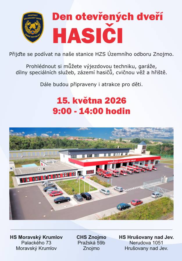 Vážení spoluobčané,  dovolujeme si Vás informovat o konání Dne otevřených dveří - Hasiči - ve Znojmě 15. května 2026 od 9.00 do 14.00 hod.  Originál pozvánky s podrobnějšími informacemi je v příloze.