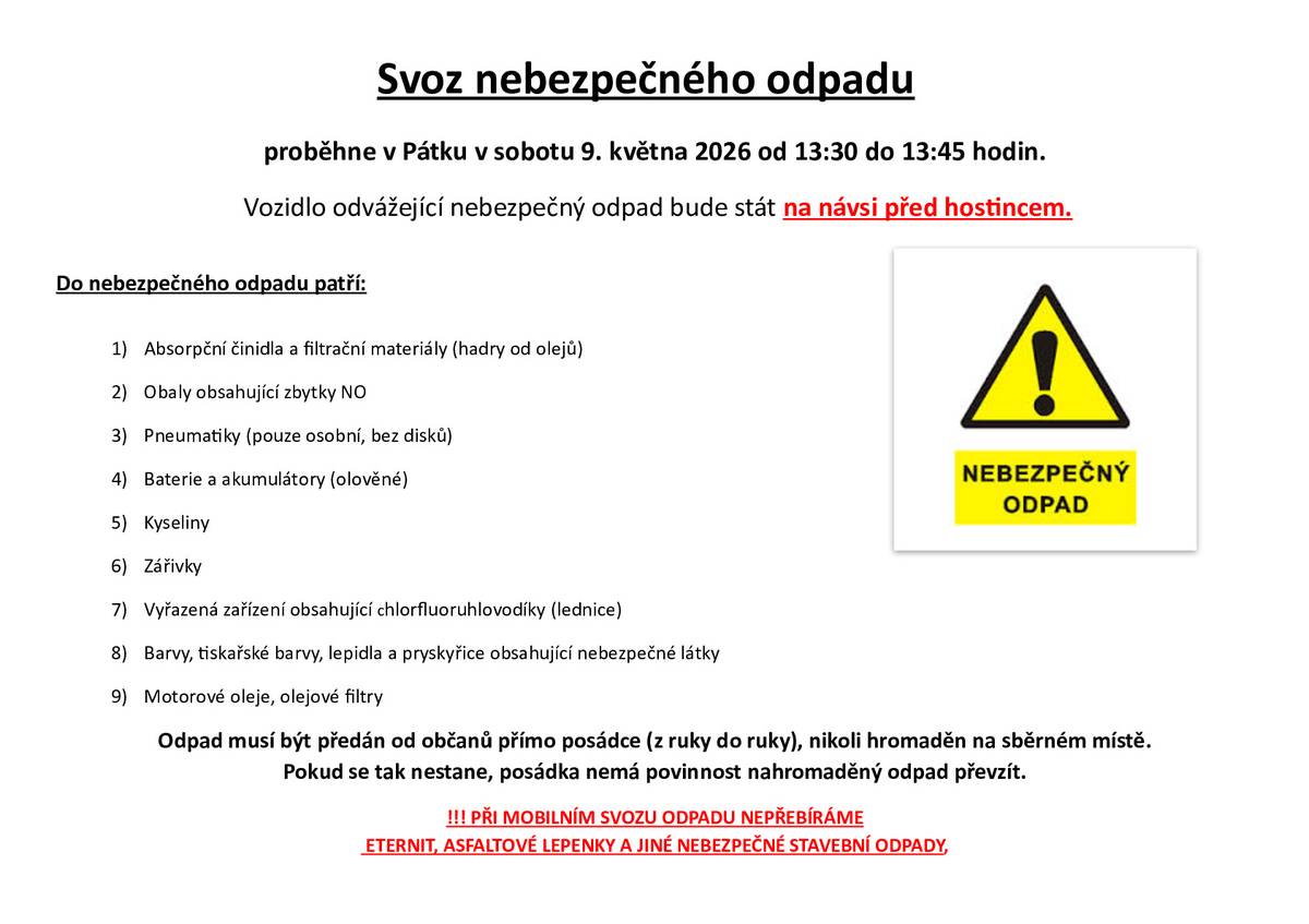Ve spolupráci se společností Nykos a.s. proběhne v sobotu 9. května 2026 od 13:30 hodin do 13:45 hodin svoz nebezpečného odpadu. Vozidlo bude stát v Pátku na návsi před hostincem.