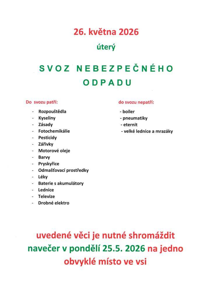 Svoz nebezpečného odpadu 26.5.2026