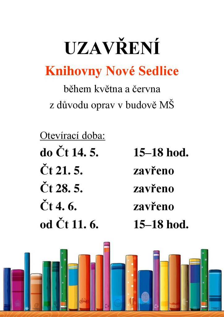 Obec Nové Sedlice informuje občany o dočasném omezení knihovny během měsíců května a června