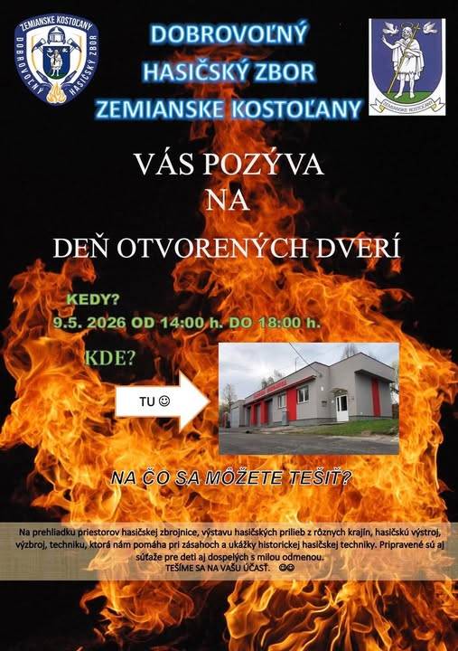 DHZ Zemianske Kostoľany Vás pozýva v sobotu 9. mája v čase od 14:00 h do 18:00h na Deň otvorených dverí pri príležitosti dňa svätého Floriána.