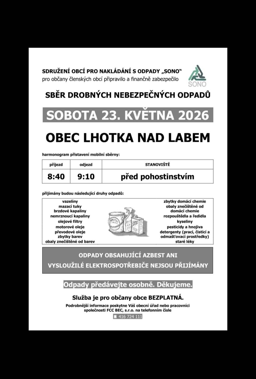 Sběr drobných nebezpečných odpadů 23.5.2026 v 8:40 hod. před pohostinstvím