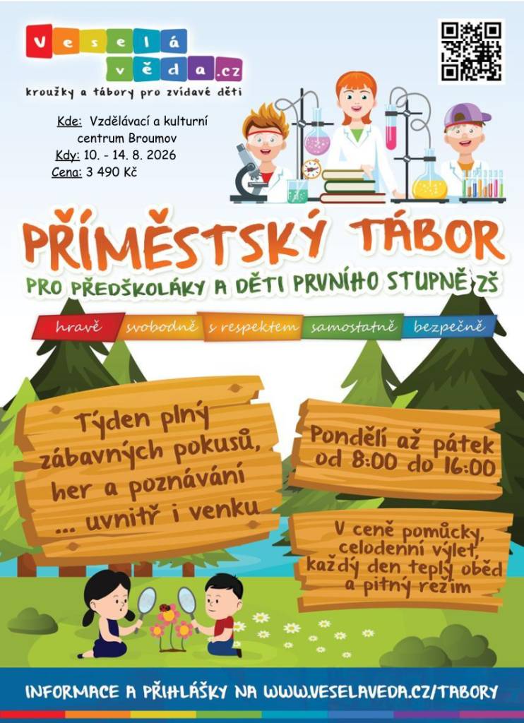 Příměstský tábor Veselá věda v Broumově nabízí dětem týden plný pokusů, her a objevování. Je určen pro předškoláky a děti 1. stupně ZŠ, probíhá 10.–14. 8. 2026 od 8:00 do 16:00. V ceně 3 490 Kč jsou pomůcky, výlet, oběd i pitný režim.