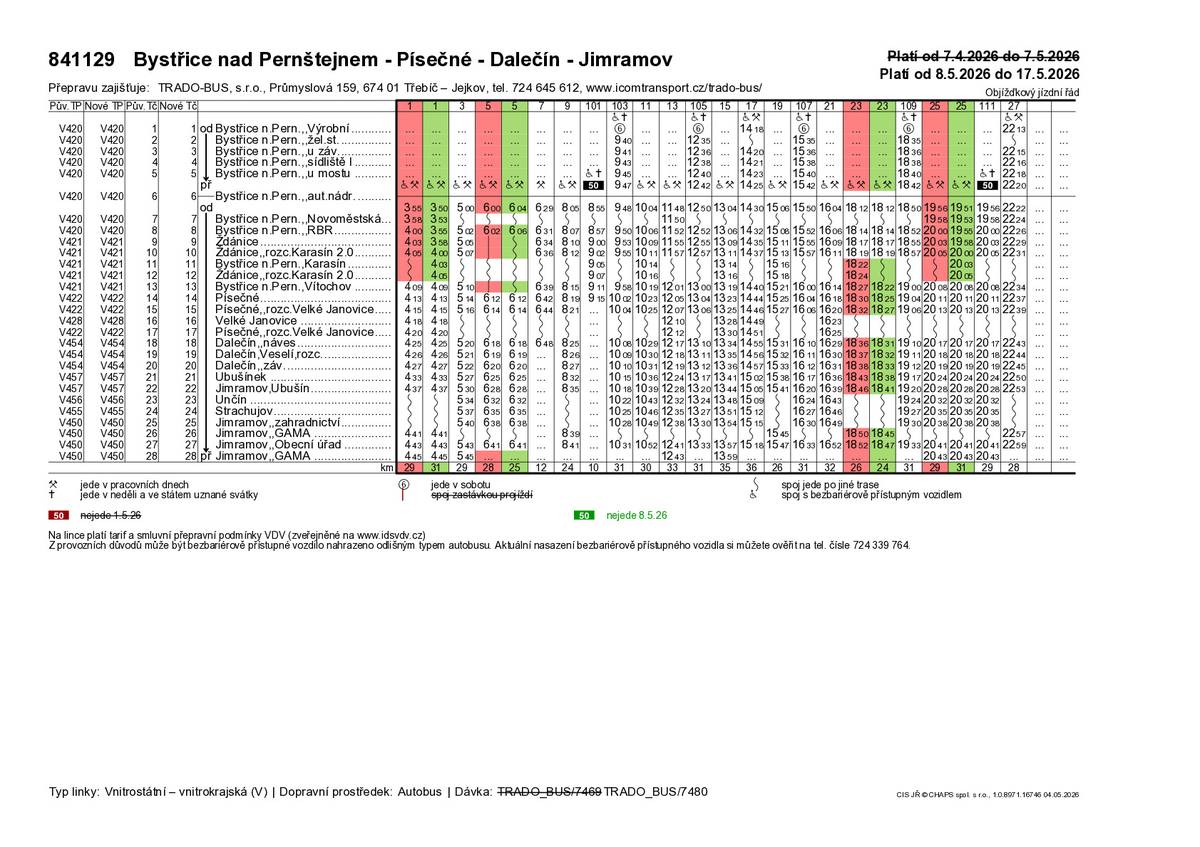 Dobrý den,   od pátku 8. května 2026 dochází v souvislosti s ukončením uzavírky silnice II/357 Písečné – Bystřice n/P ke změně jízdního řádu autobusové linky 841129, od pondělí 11. května také linky 841131. Z důvodu lepší přehlednosti pro cestující budou do jízdního řádu zahrnuty i dočasné změny v souvislosti s plánovanou krátkodobou uzavírkou ve Vítochově (18.5 – 20.5.2026).   Přehled změn od 8.5 / 11.5 - brzy ranní spoj 1 do Jimramova zajede do Karasína – dočasně do 20.5 - spoj 4 do Bystřice zajede od 11.5 do 30.6 do Karasína náhradou za dřívější spoj 2, na kterém byl závlek do Karasína zrušen z časových důvodů - spoj 5 se vrátí do kratší trasy mimo Vítochov, díky opoždění předchozího spoje 4 se cestovní doba ze Ždánice do Jimramova zkrátí o 5 minut - spoje 8, 108 se díky otevření silnice II/357 vrátí do kratší trasy mimo Vítochov - večerní spoj 23 do Jimramova vynechá závlek do Karasína, místo něj do Karasína zajede spoj 25 – dočasně do 20.5 - večerní spoj 24 do Bystřice n/P pojede kratší trasou mimo Vítochov a Ždánice – dočasně do 20.5 - odpolední spoj 28 bude z Dalečína prodloužen až do Bystřice n/P, kde nabídne přestupy na linku 115 do Velkého Meziříčí a na linku 130 do Žďáru nad Sázavou - na víkendovém spoji 102 se z oběhových důvodů urychlí příjezd na zastávku „Bystřice n.Pern.,,žel.st“, odkud bude dále pokračovat jako linka 841121 do Rožné - nedělní spoj 112 pojede o 13 minut později, nabídne příznivější čas příjezdu do Bystřice n/P pro dojíždějící do zaměstnání   - na lince 841131 odpolední spoj 15 zajede na zastávku Novoměstská náhradou za spoj 17 na lince 841129, na které byl závlek na Novoměstskou zrušen z časových důvodů   Upozorňujeme cestující, že od 18.5 do 20.5 bude platit dočasný jízdní řád na linkách 841129 a 841131 z důvodu uzavírky ve Vítochově, od 21.5 se linka 129 VDV vrátí přibližně do současného režimu. Další změny jízdního řádu jsou plánovány od 1. července v souvislosti s prázdninovým provozem a se zahájením uzavírky průtahu Jimramova.