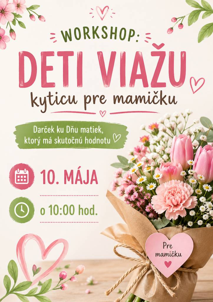 edeľa 10. mája 2026 o 10.00 hod.  cena 35€ ( ponuka súrodeneckej zľavy) trvanie 1,5 hod.Deti môžu prísť v sprievode dospelej osoby alebo samé -na vlastnú zodpovednosť. Pitný režim zabezpečený. Počet miest je obmedzený.