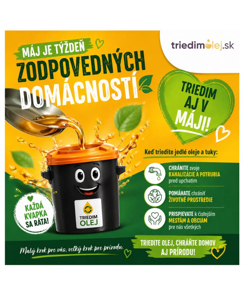 Potravinárske oleje a tuky používané v domácnosti možno recyklovať a môžu tak človeku znovu poslúžiť. Stačí ich zliať do obyčajnej PET fľaše a odniesť do  kontajnerov na to určených. Predchádzate tak upchatiu odpadového potrubia, a navyše pomáhate šetriť našu planétu!