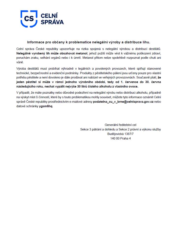 Informace pro občany k problematice nelegální výroby a distribuce lihu.