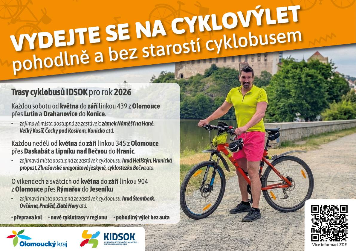 Užijte si cyklistickou sezónu naplno a vyrazte na výlet cyklobusem. Autobus je vybaven speciálním vlekem, takže můžete bez starostí naložit svá kola a vyrazit za zážitky.  V letošním roce jsou pro vás připraveny tři linky, které vás pohodlně dopraví do Hranic, do Konice, nebo do Jeseníku.  Cyklobus bude jezdit v určité dny v týdnu od května do září. Více informací naleznete v odkazu. https://www.ok-tourism.cz/produkt/cyklobusem-na-vylet/