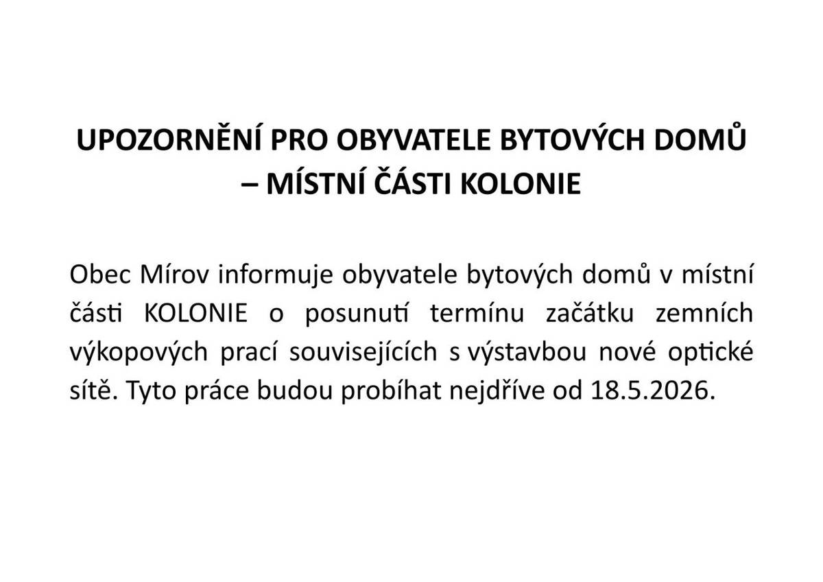Upozornění pro obyvatele bytových domů- místní části KOLONIE