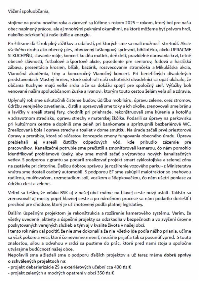 Zdravie, pokoj v srdci, porozumenie v rodinách a požehnaný rok 2026 želá starostka, kolektív pracovníkov obecného úradu a poslanci obecného zastupiteľstva