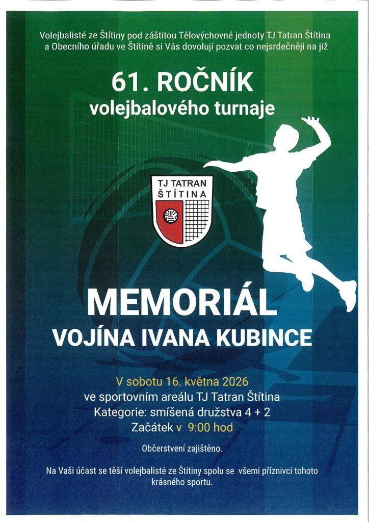 61. ročník volejbalového turnaje  16.5.2026 v 9:00 hod. ve sportovním areálu TJ Tatran Štítina