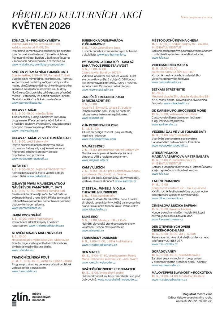 Přehled kulturních akcí ve Zlíně v květnu.