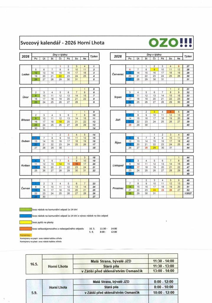 Nádoby na směsný komunální odpad jsou sváženy jednou za 14 dnů v pondělí - lichý týden.