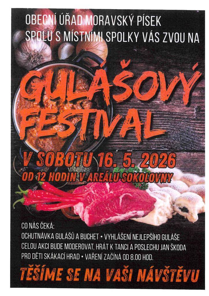 Obecní úřad spolu s místními spolky zvou občany na Gulášový festival v sobotu 16. května od 12.00 na sokolovně.