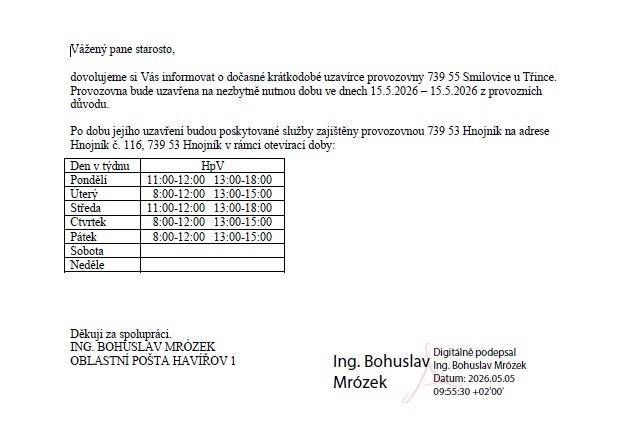 Pošta ve Smilovicích bude 15.5.2026 z provozních důvodů UZAVŘENA. Náhradní pošta Hnojník, detaily v příloze.