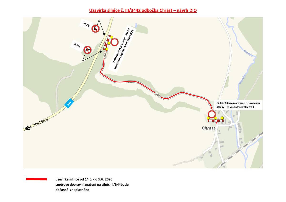 Upozorňujeme občany na úplnou uzavírku provozu na silnici č. III/3442 a II/344 do obce Chrast v termínu od 14.5. - 5.6. 2026, dle grafické přílohy (DIO). Umístění přenosných dopravních značek a zařízení je povoleno na stavební akci – opravu povrchu silnice č. III/3442 v km 0,000-0,915 v úseku od křižovatky se s. II/344 do obce Chrast cca k č.p. 20, v termínu od 14.5.2026 do 5.6.2026