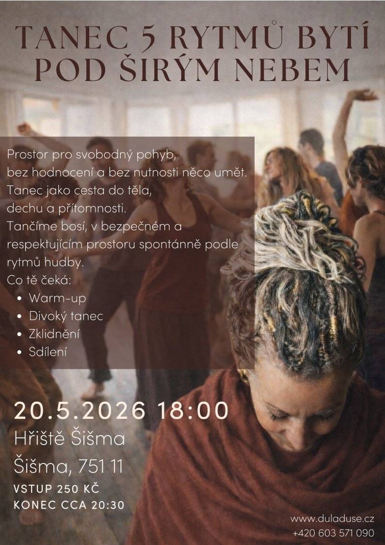 Pozvánka na svobodný tanec pod širým nebem – bez hodnocení a pravidel, jen vy a pohyb. 🗓️ Kdy: 20. 5. 2026 v 18:00 📍 Kde: Hřiště Šišma 💰 Vstupné: 250 Kč Čeká vás uvolnění, divoký tanec i závěrečné zklidnění. Tančí se naboso a s radostí. Více na www.duladuse.cz nebo tel. 603 571 090. Přijďte se protáhnout! 🌳