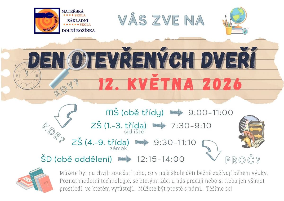 Na chvíli můžete být součástí toho, co děti ve škole bežně zažívají během výuky.  Přijďte za nimi v úterý 12. května 2026 😀