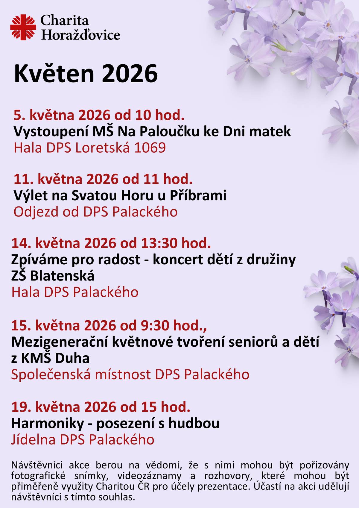 Dobrý den, i tento měsíc přinášíme informace obdržené z Charity Horažďovice.  Jedná se jak o společenské akce, tak o dovolené lékařů v Horažďovicích.  Charitě velice děkujeme za zaslání.  S přáním pěkného dne i prodlouženého víkendu,  Vaše Obec Chanovice.  Ondřej Klásek