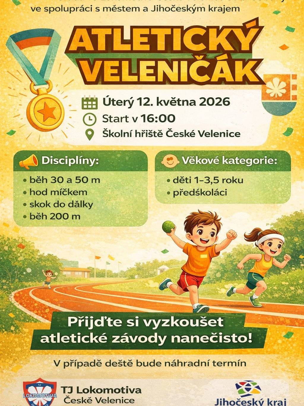 Srdečně bychom vás chtěli pozvat na atletické závody „nanečisto“, tedy již 3. ročník ATLETICKÉHO VELENIČÁKU,který se uskuteční 11. května od 15:00 na školním hřišti.  Děti si mohou vyzkoušet a zasoutěžit v jednotlivých disciplínách a zjistit tak, zda je atletika baví a chtěly by v ní i nadále pokračovat. Závody probíhají registrací závodníků, samotný průběh závodu, vyhlášení, rozdávání pamětních diplomů a medailí.  Pro děti předškolního věku budou závody v úterý 12. května od 16:00 také na školním hřišti.  V případě špatného počasí-déšť, kroupy bude závod přesunut na jiný termín.