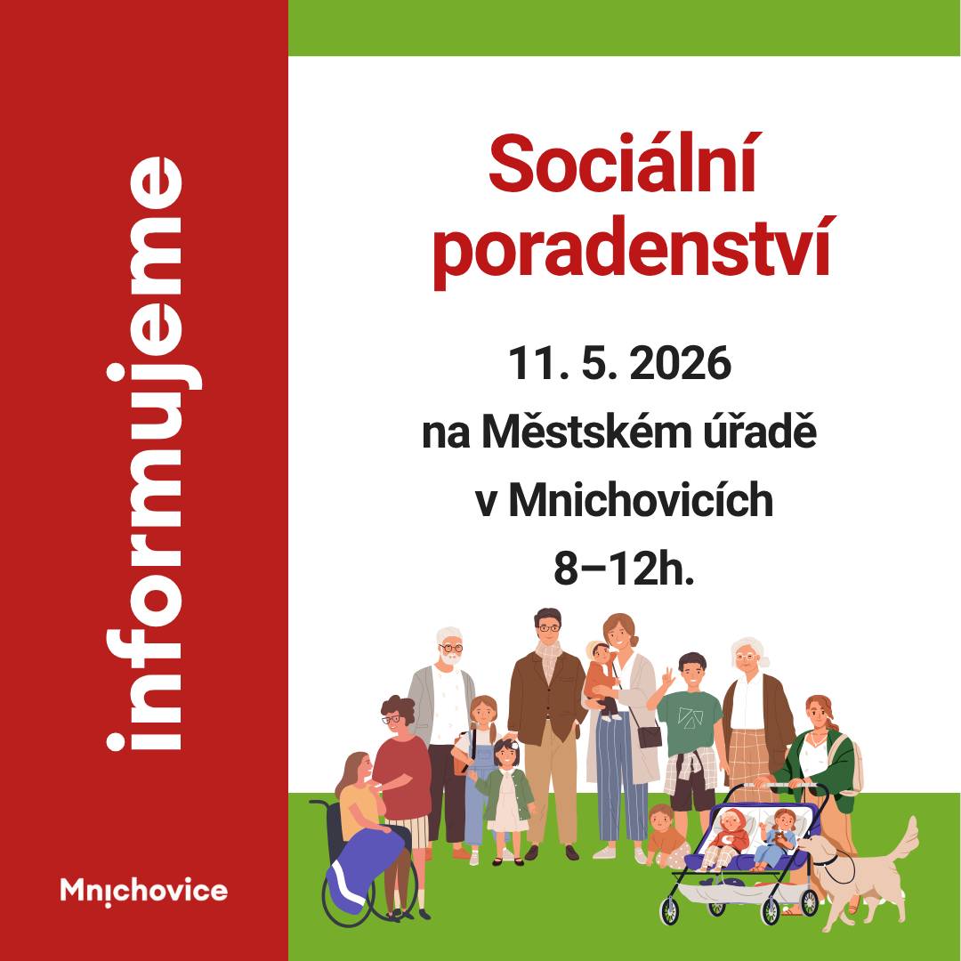 11. 5. 2026 na Městském úřadě v Mnichovicích od 8-12h.  Potřebujete poradit ohledně složité životní situace? Sociální pracovnice ze sociálního odboru MěÚ Říčany přijede do Mnichovic, abyste se na ni mohli obrátit o radu v těchto oblastech:  Materiální sociální problémy Péče o osobu se zdravotním postižením Péče o seniora Sociální dávky Propuštění z výkonu trestu odnětí svobody Rodiny odsouzených Problémy s bydlením Další sociální témata