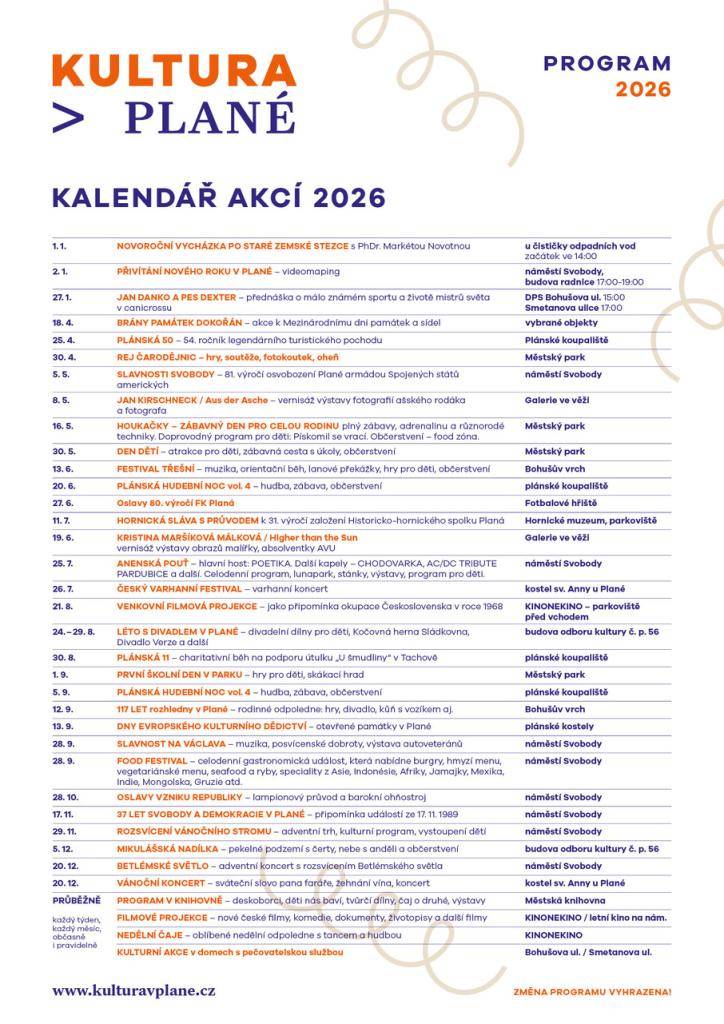 Kultura v Plané - Kalendář akcí 2026