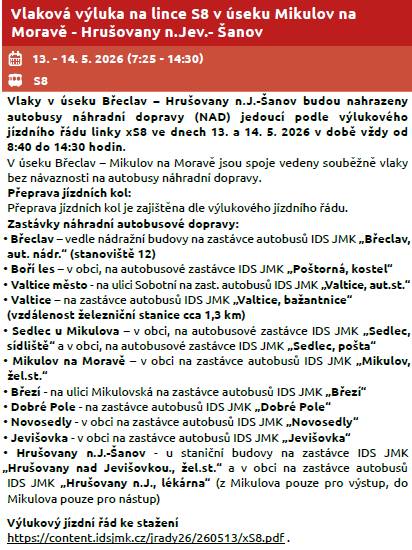 Vlaková výluka na lince S8 13.5.-14.5.2026