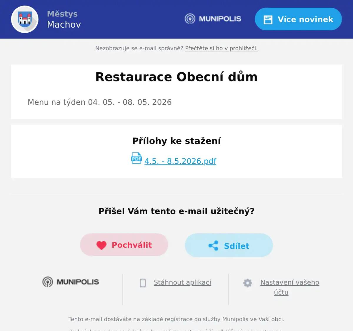 Menu na týden 04. 05. - 08. 05. 2026
