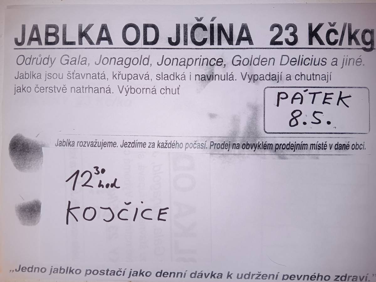 Prodej jablek od Jičína proběhne v Kojčicích v pátek 8. 5. 2026 od 12:30 hodin. Cena 23,- Kč za kilogram.