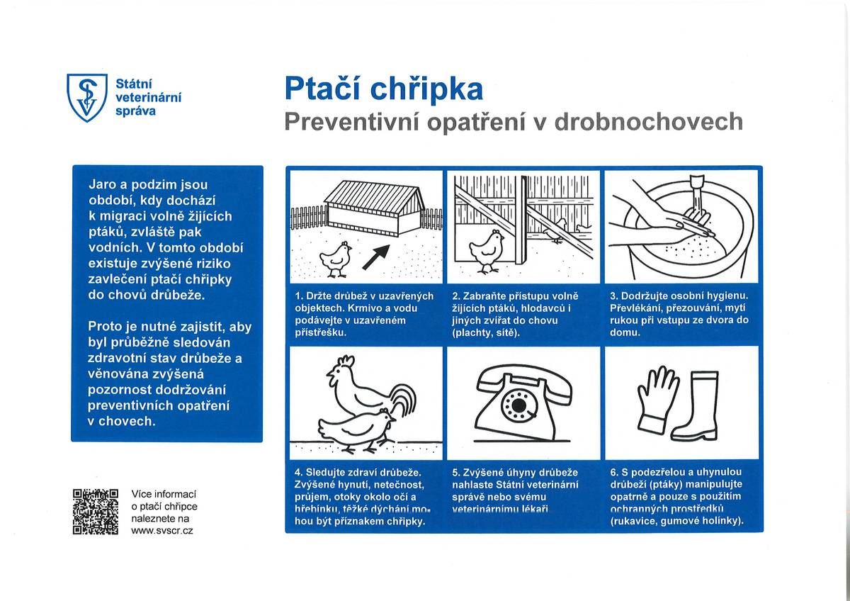 Na území města Přibyslav v chovu ptáků chovaných v zajetí byla potvrzena nebezpečná nákaza – vysoce patogenní aviární influenza (ptačí chřipka).  Státní veterinární správa doporučuje chovatelům drůbeže a jiných ptáků chovaných v zajetí důsledné dodržování bezpečnosti ve svých chovech, spočívající zejména v ochraně před kontaktem s volně žijícími ptáky, kteří jsou nejčastějším zdrojem nákazy pro chované ptáky. V následujících 30 dnech se doporučuje vypouštět chované ptáky pouze do ohraničených venkovních prostorů/výběhů a zabránit přístupu na volné plochy. Krmivo a napájecí vodu určenou pro chované ptáky umístit do budov, popř. pod přístřešky, aby nedošlo k jejich kontaminaci trusem volně žijícího ptactva. V případě, že chovatelé zjistí zvýšené úhyny chovaných ptáků, změny ve zdravotním stavu nebo změny v produkci vajec chovaných ptáků, je třeba, aby tyto skutečnosti neprodleně oznámili Krajské veterinární správě pro Kraj Vysočina, Rantířovská 22, 586 05 Jihlava na krizovou linku +420 720 995 209.