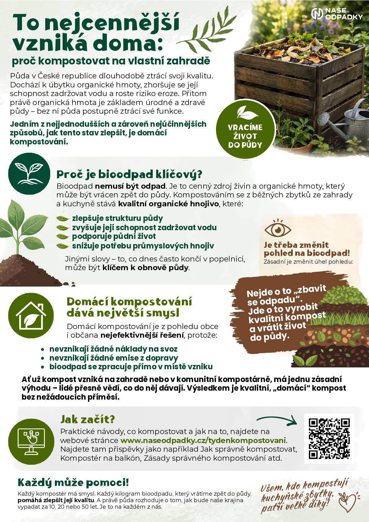 Jak správně kompostovat a proč je bioodpad důležitý pro půdu i krajinu kolem nás? V přiloženém článku najdete praktické informace, tipy i důvody, proč má domácí kompostování smysl. K letáku přikládáme také krátké video o správném kompostování.