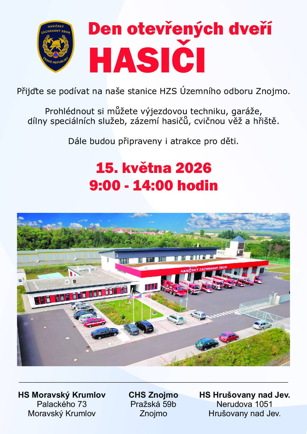 HASIČI Znojmo - Pozvánka na Den otevřených dveří 15.5.2026 od 9:00 - 14:00 hodin.