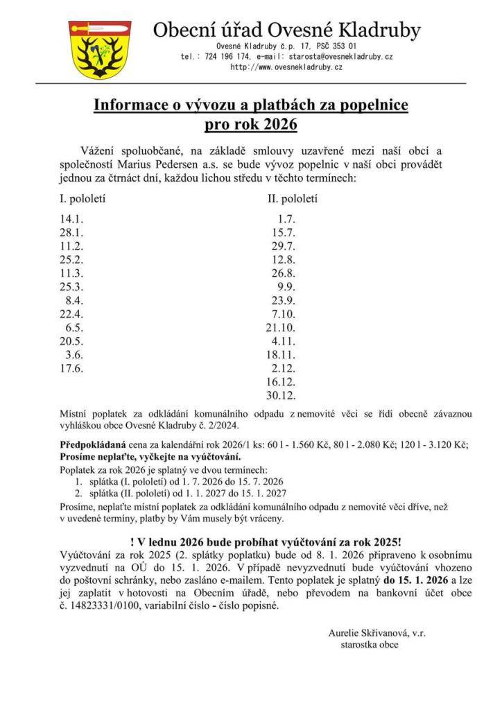 Informace o vývozu a platbách za popelnice pro rok 2026
