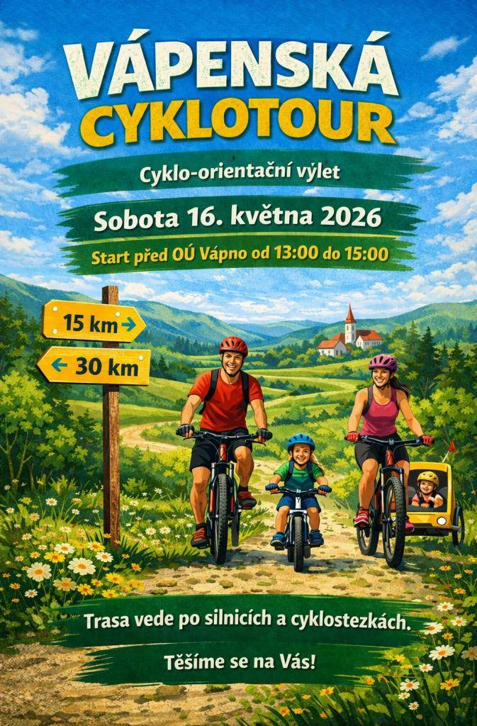V sobotu 16.5.2026 proběhne ve Vápně cyklo-orientační výlet s názvem Vápenská cyklotour. Start bude před OÚ Vápno od 13 do 15 hodin.