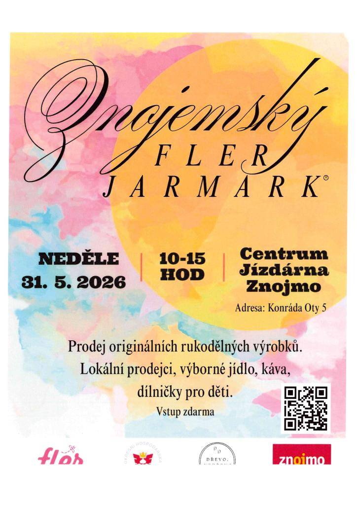 Znojemský FLER JARMARK se koná v neděli 31. května 2026 od 10:00 hod do 15:00 hod v Centrum Jízdárna ve Znojmě. Přijďte si prohlédnout a zakoupit originální rukodělné výrobky od místních prodejců a užít si skvělé jídlo a kávu.