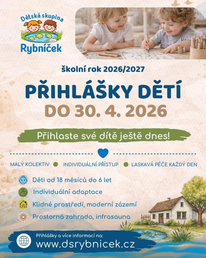 Nová dětská skupina Rybníček přijímá přihlášky dětí pro školní rok 2026/2027