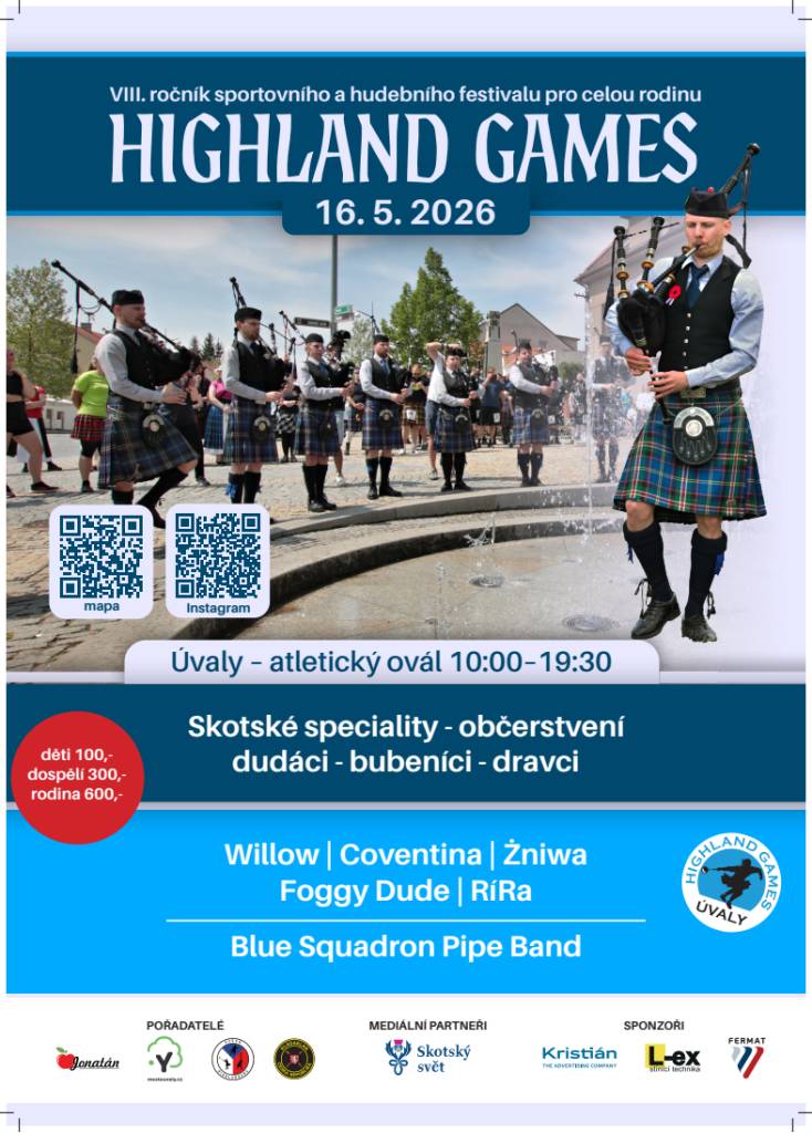 v sobotu 16. 5. 2026 od 10:00 do 19:30h na atletickém oválu v Úvalech  Jedná se o již VIII. ročník sportovního a hudebního festivalu pro celou rodinu, jehož součástí jsou tradiční skotské hry, hudební vystoupení, doprovodný program pro děti i dospělé a tematické občerstvení.