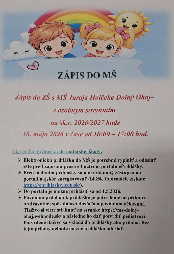 Zápis detí do MŠ dňa 18.mája 2026 v čase od 10:00 - 17:00 hod.