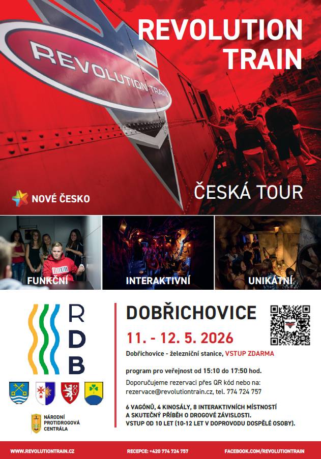 Do Dobřichovic míří mezinárodně oceněný projekt Revolution Train. Unikátní multimediální vlaková souprava, která netradiční formou a interaktivně varuje před riziky závislostí, zastaví na tamním nádraží ve dnech 11. a 12. května. Program pro veřejnost je od 15:10 do 17:50 zdarma!